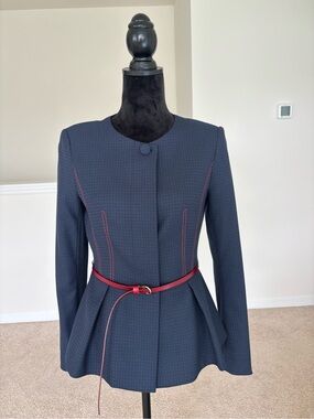 European Boutique Structured Pant Suit Set – Navy Micro Dot & Red, size S